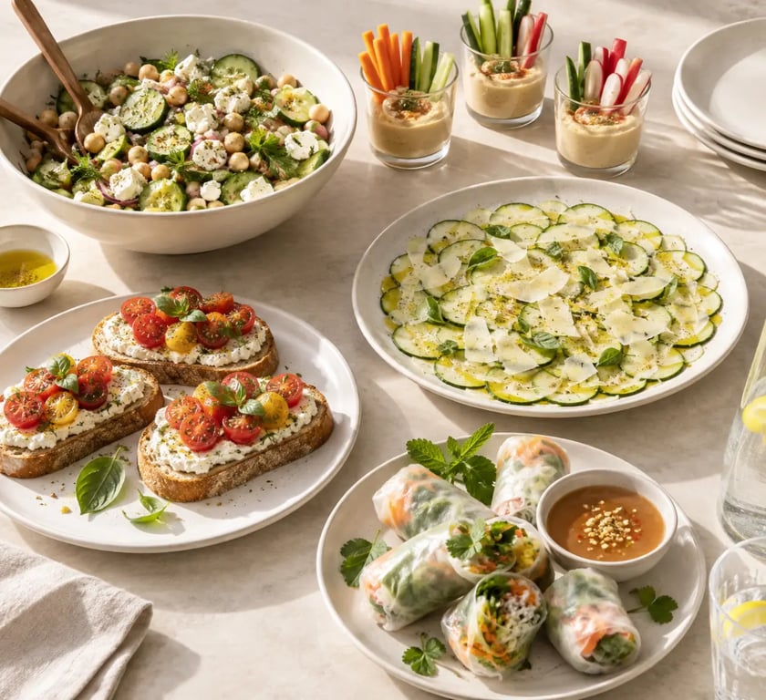 Entrée simple rapide avec tartines, salade fraîche, houmous et crudités
