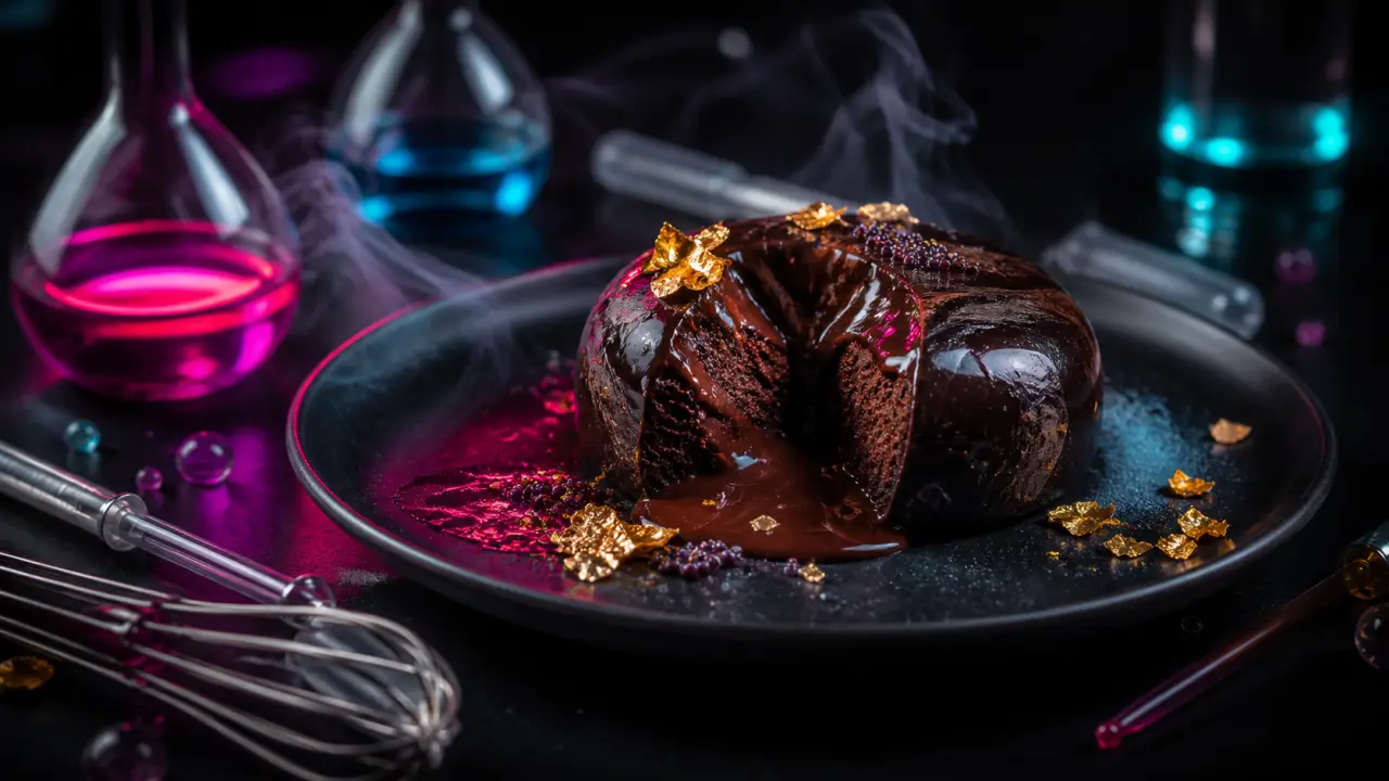 Ganache moléculaire aux reflets néon dans une ambiance sombre et dramatique