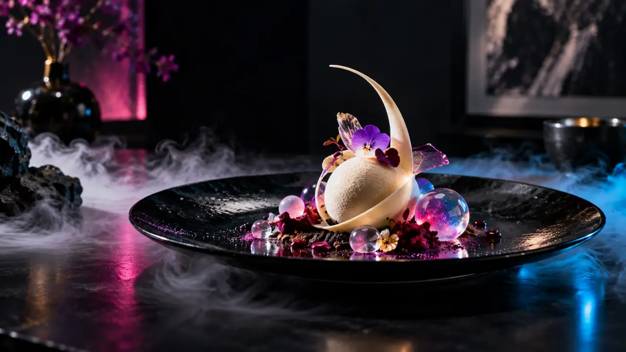 Plat gastronomique aux couleurs néon dans une ambiance sombre et immersive