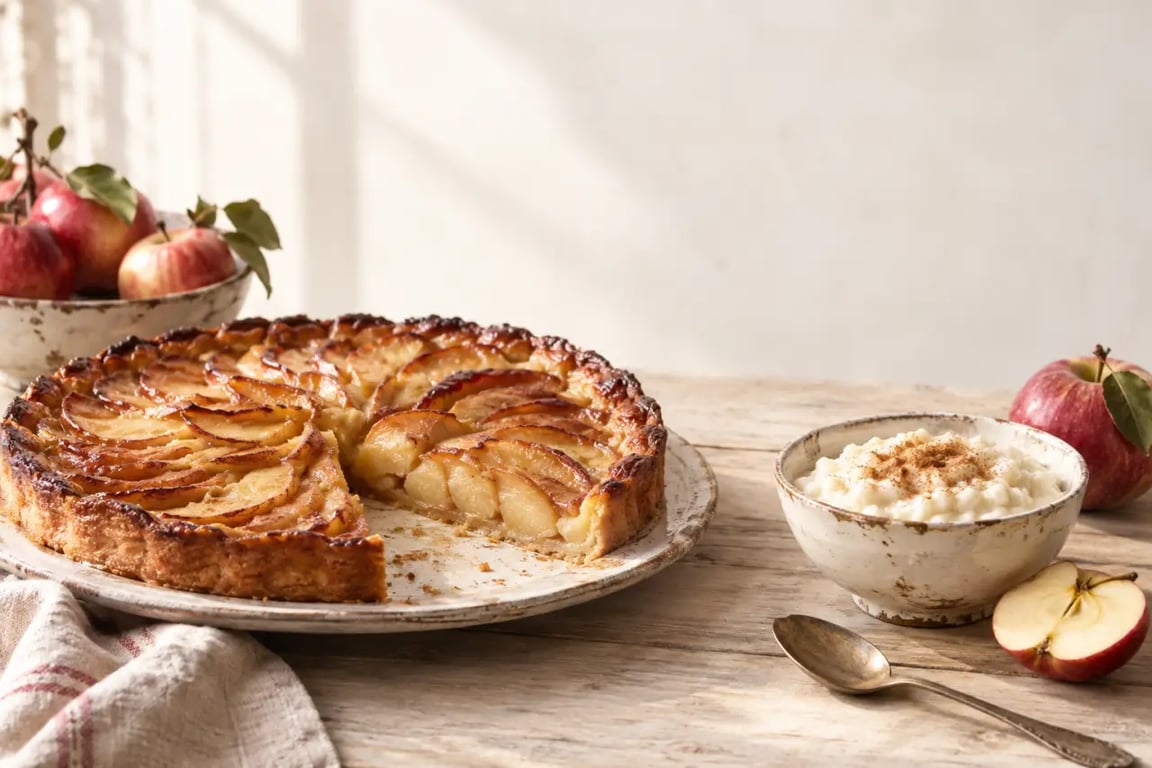 Vieilles recettes de cuisine de grand-mère avec tarte aux pommes et riz au lait