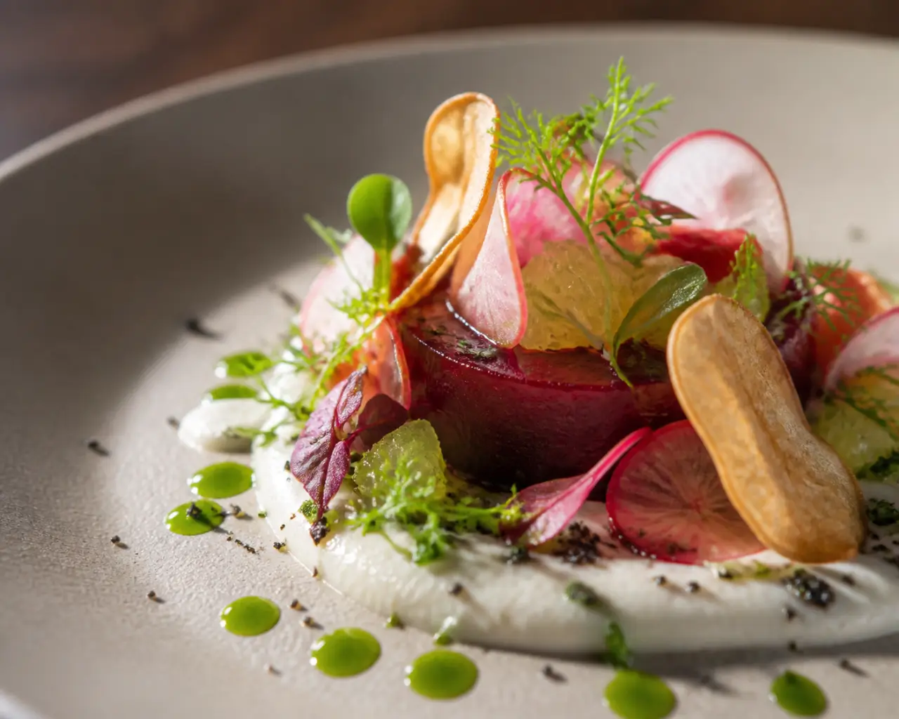 Entrée vegan gastronomique : assiette raffinée, textures contrastées et effet waouh sans produits animaux