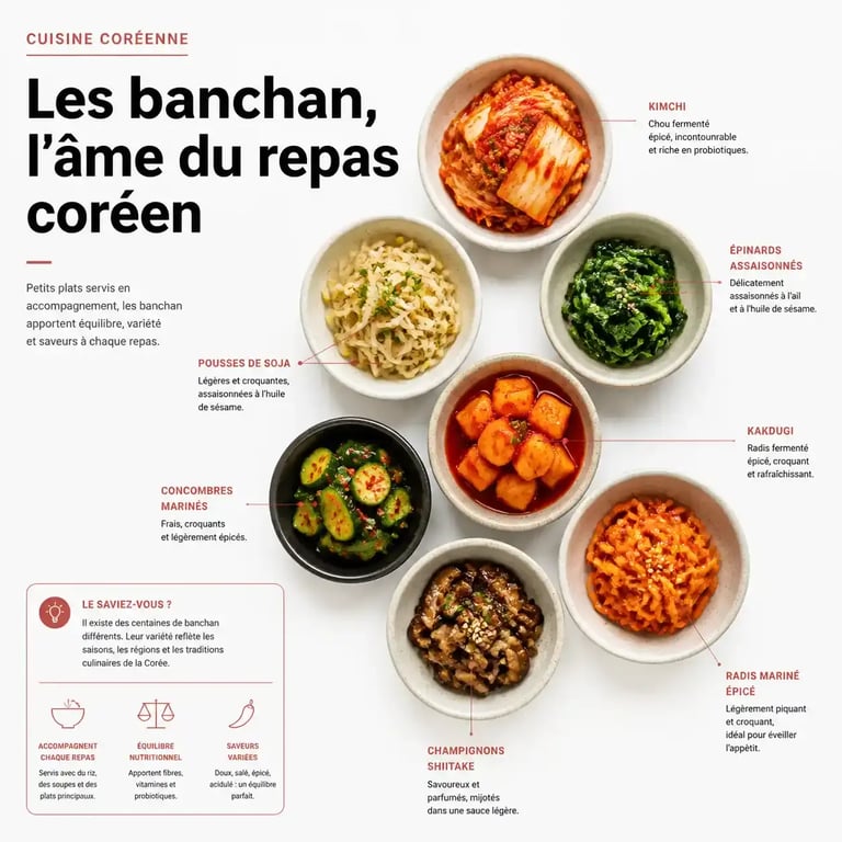 Assortiment de banchan, accompagnements typiques de la recette coréenne