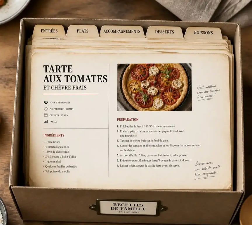 Fiche recettes de cuisine classées dans une boîte à fiches en bois