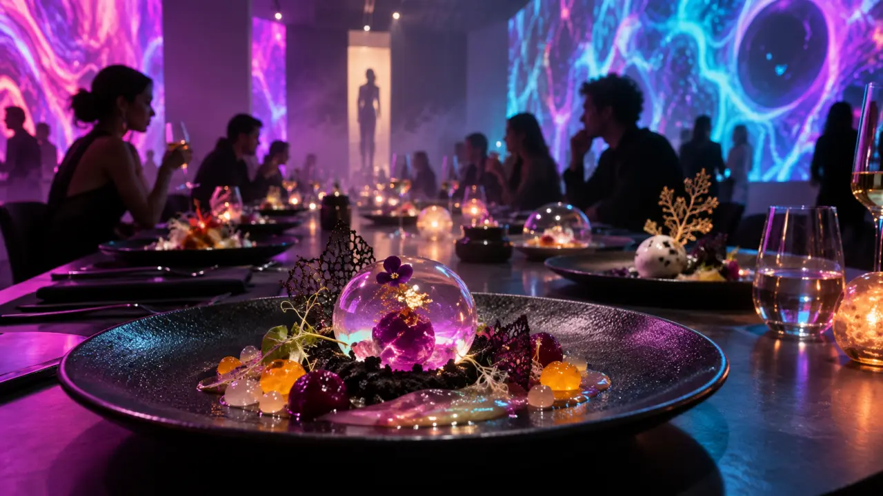 Plat gastronomique illuminé de couleurs néon pendant le Dîner Néon de Cookadelic