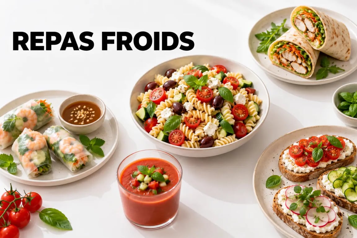 Idées repas froid avec salade composée, wraps, rouleaux de printemps et gaspacho