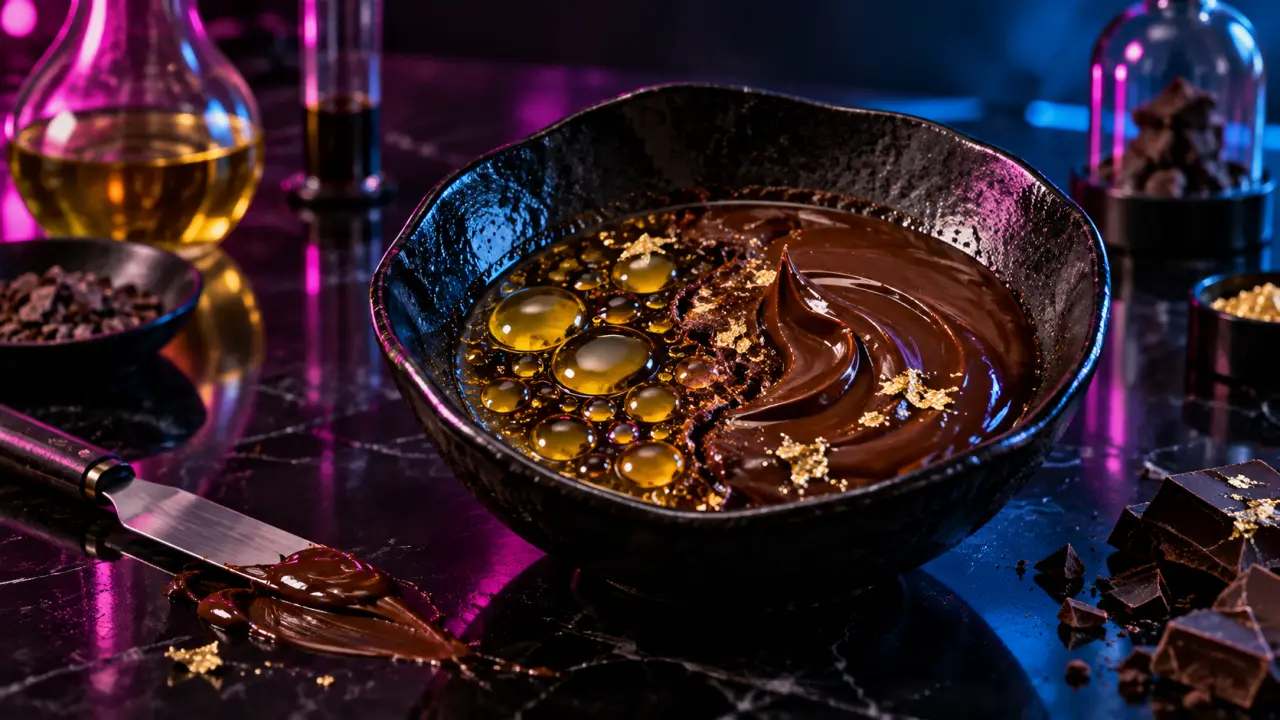 Ganache moléculaire brillante et colorée dans une mise en scène gastronomique contemporaine