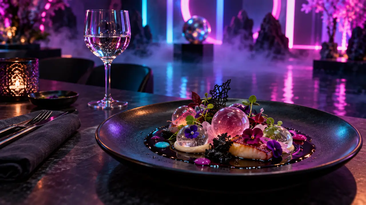 Plat gastronomique illuminé par des lumières néon lors du Dîner Néon de Cookadelic