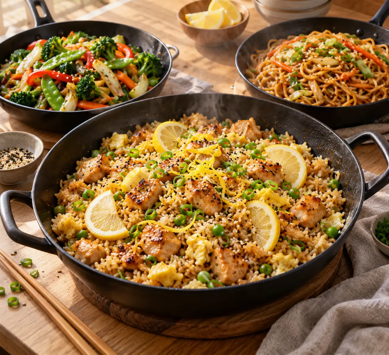 Recettes chinoises faciles : 3 plats à la poêle, du riz sauté au poulet au citron