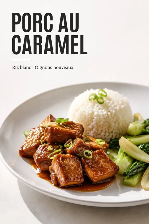 Recettes cuisine chinoise traditionnelle : porc au caramel brillant servi avec riz blanc