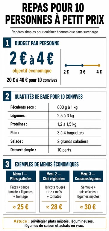 Repas pour 10 personnes pas cher : infographie des budgets, quantités et menus économiques