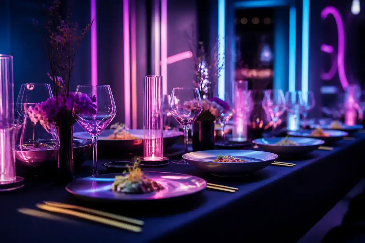 Dîner néon Cookadelic en sept services avec lumières vibrantes et dressage artistique