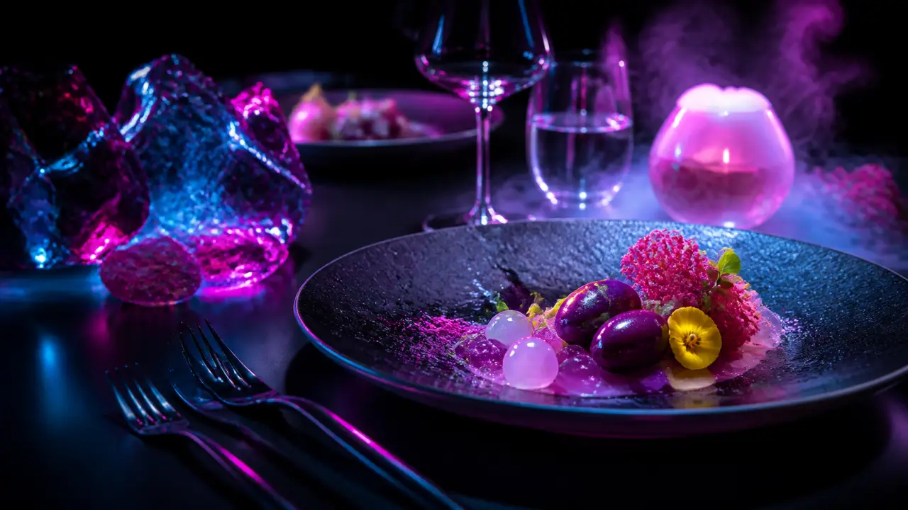 Photographie macro d'un plat gastronomique fusion aux couleurs néon, sur fond sombre avec fumée subtile