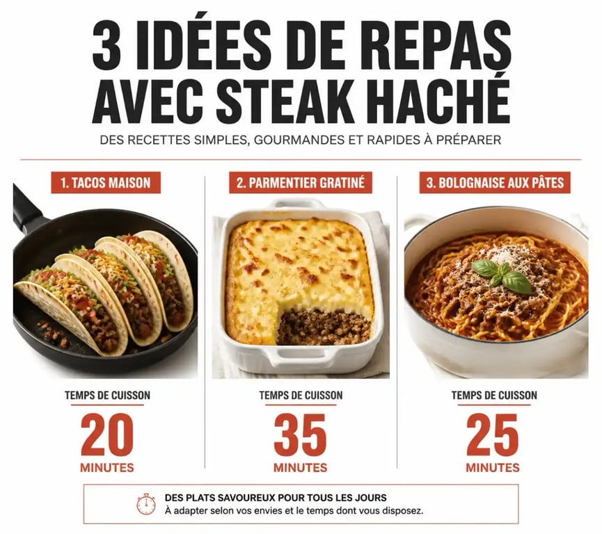 Idées repas avec steak haché : comparaison visuelle des cuissons poêle, four et casserole