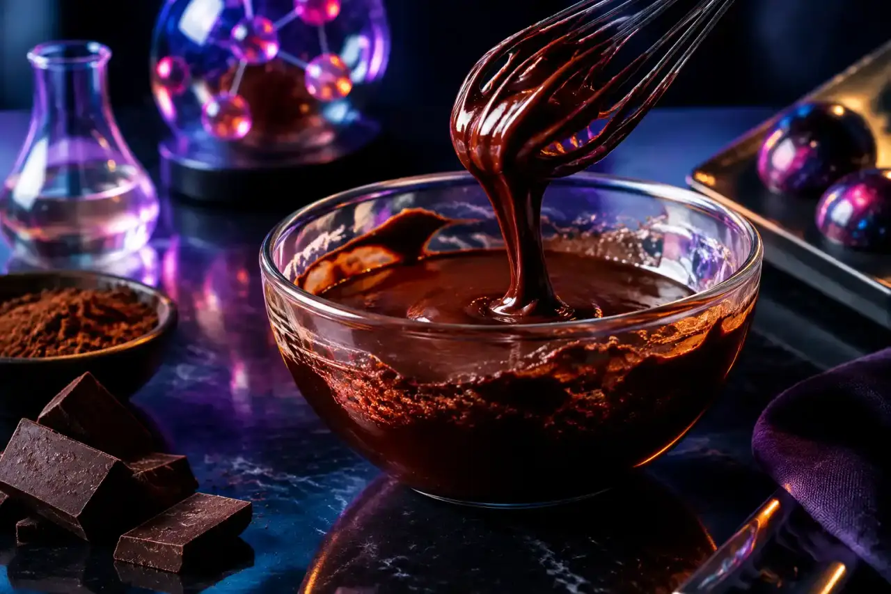 Ganache au chocolat brillante en cours d'émulsion dans un cul-de-poule