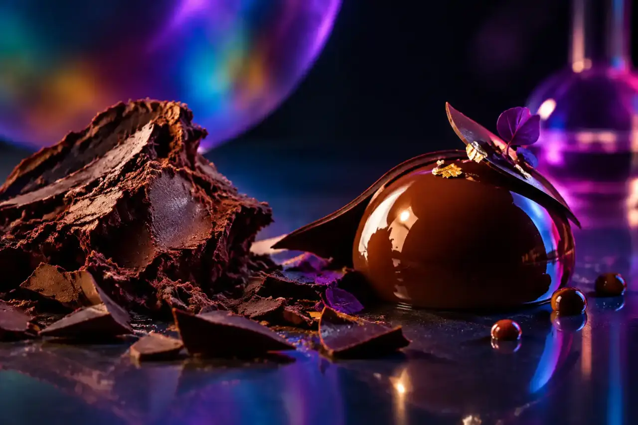 Ganache moléculaire brillante et veloutée, dressée sur un dessert gastronomique aux couleurs néon