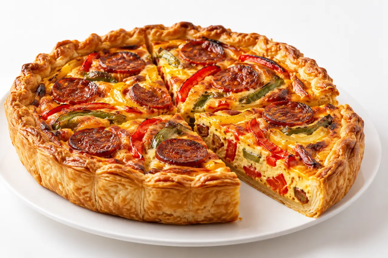 Quiche au chorizo et poivron dorée servie en parts