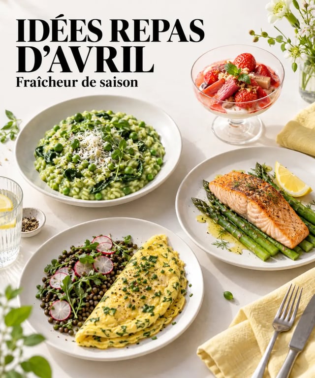 Idées repas avril avec risotto aux petits pois, saumon aux asperges et dessert fraises-rhubarbe