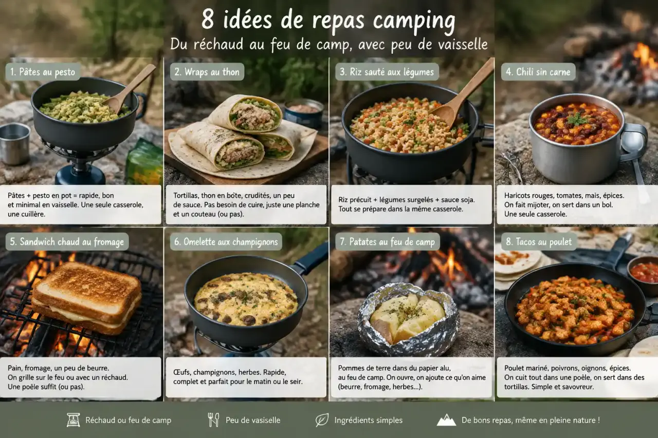 8 idées de repas camping, du réchaud au feu de camp, avec peu de vaisselle