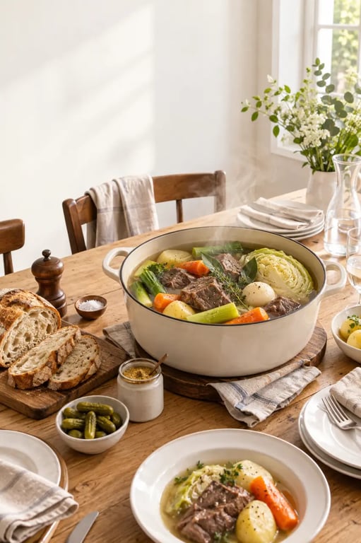 Vieilles recettes de cuisine de grand-mère avec pot-au-feu et table familiale