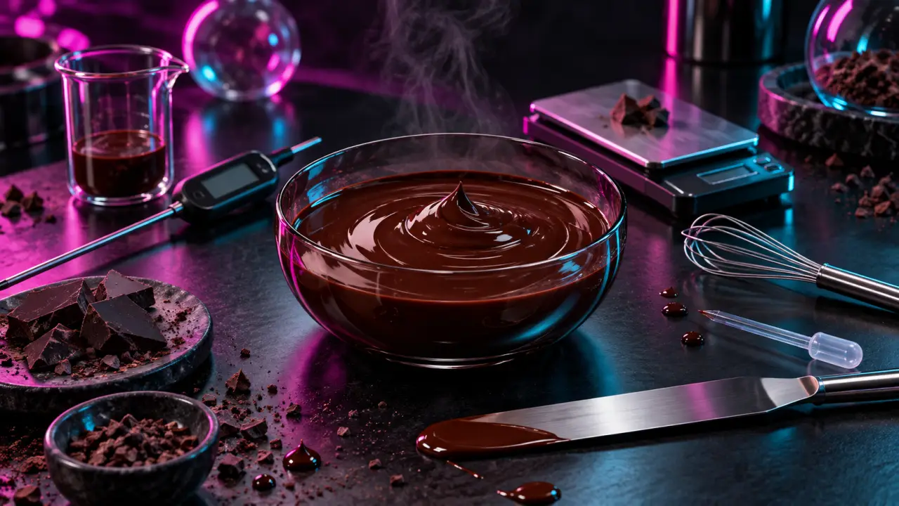 Ganache moléculaire brillante et colorée dans un décor culinaire sombre