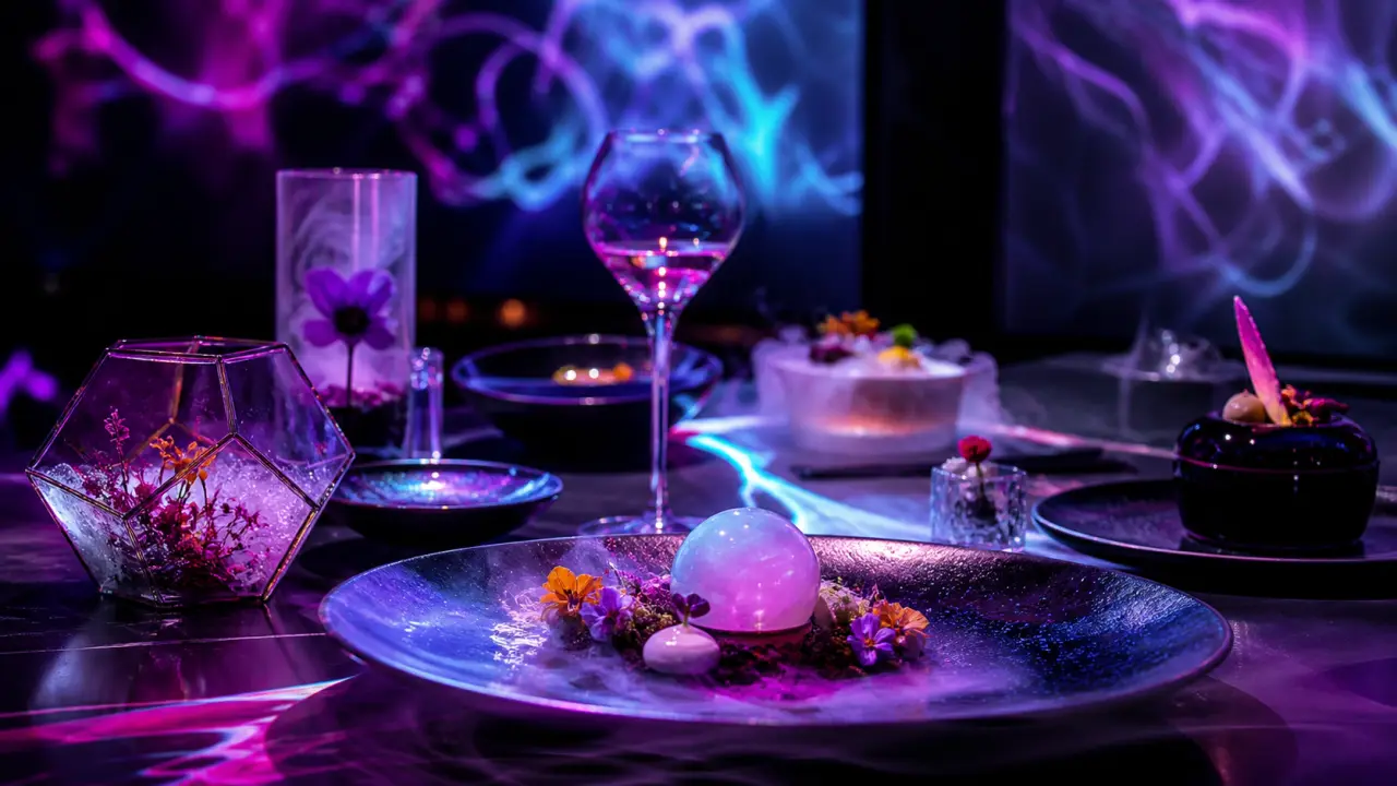 Plat gastronomique fusion illuminé par des couleurs néon dans une ambiance sombre et dramatique
