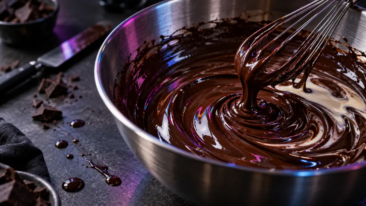 Ganache au chocolat brillante et colorée dans une ambiance gastronomique néon
