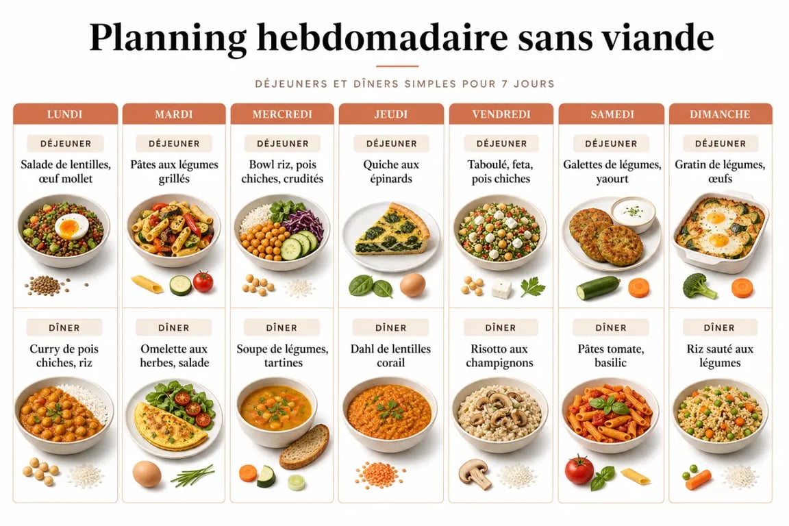 Menu 1 semaine sans viande sous forme de planning visuel hebdomadaire