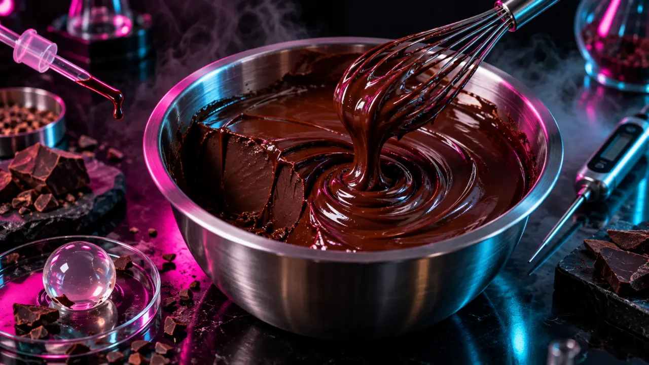Ganache au chocolat brillante et colorée dans un univers culinaire expérimental