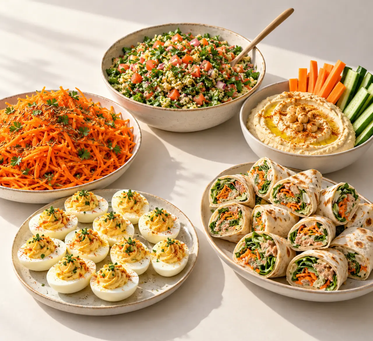 Entrées froides pas chères présentées en buffet avec taboulé, houmous, œufs mimosa et wraps