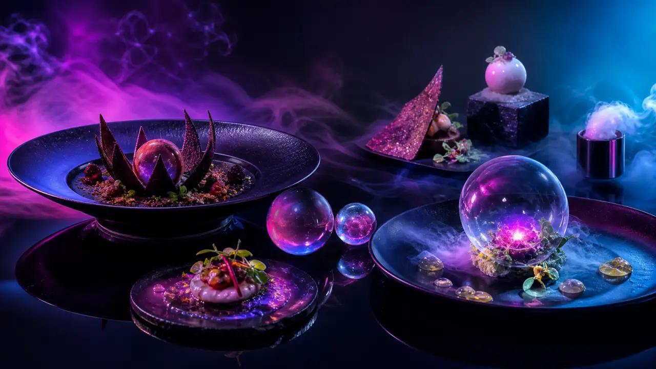 Plat gastronomique fusion illuminé de néons, fumée subtile et fond sombre