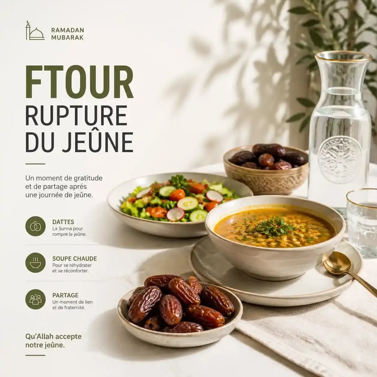 Idées repas ramadan : table équilibrée pour la rupture du jeûne avec dattes et soupe