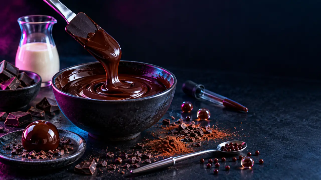 Ganache brillante et colorée dressée comme une création de pâtisserie moléculaire