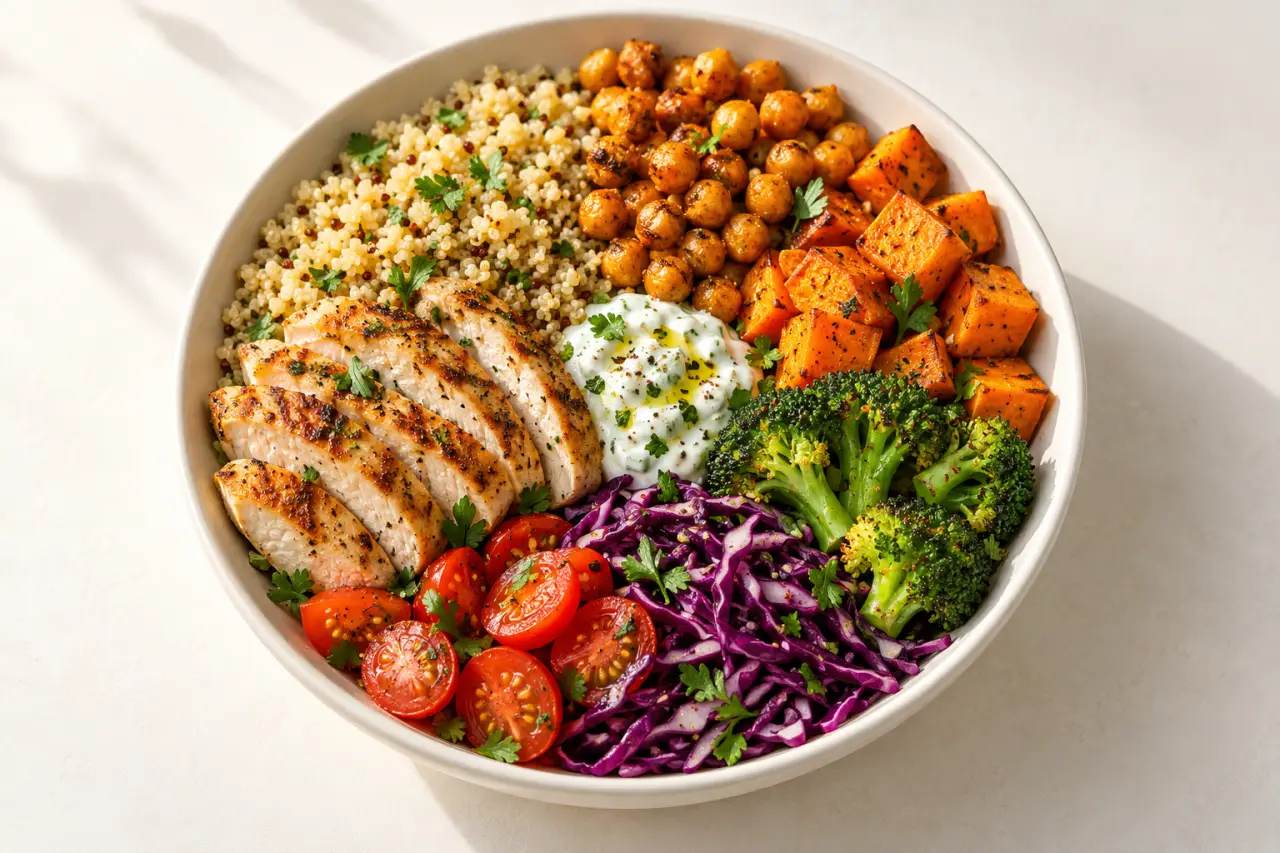 Plat healthy équilibré avec légumes, pois chiches et céréales