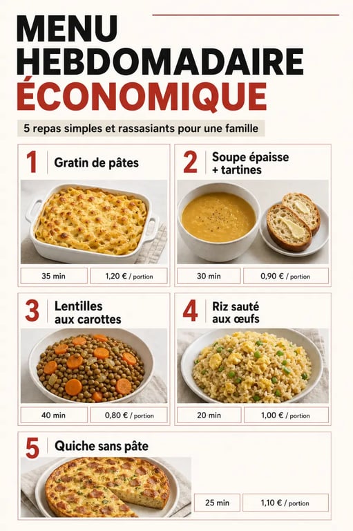 Idées repas pas cher : menu hebdomadaire économique avec gratin, soupe, lentilles, riz sauté et quiche