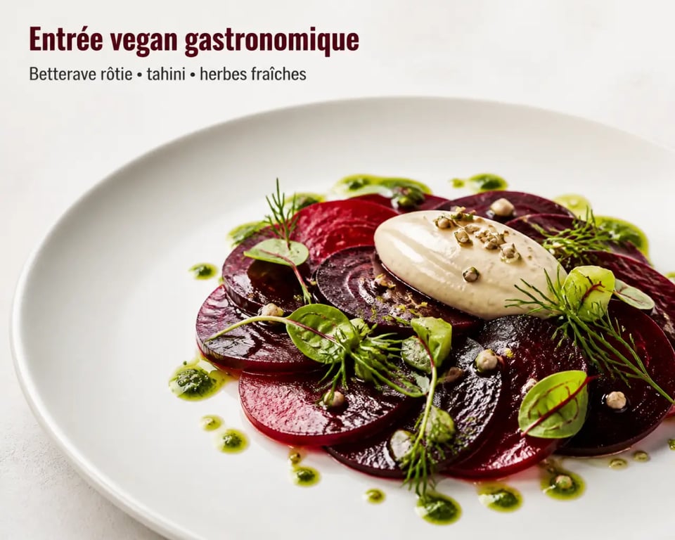 Entrée vegan gastronomique dressée dans une assiette de restaurant avec betterave rôtie, crème de tahini et herbes fraîches