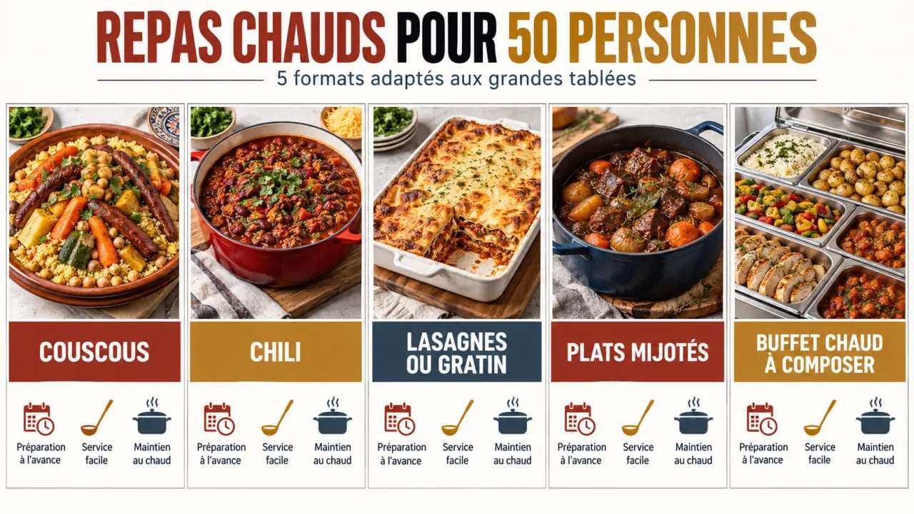 Idées de repas chaud pour 50 personnes : couscous, chili, gratin et plats mijotés