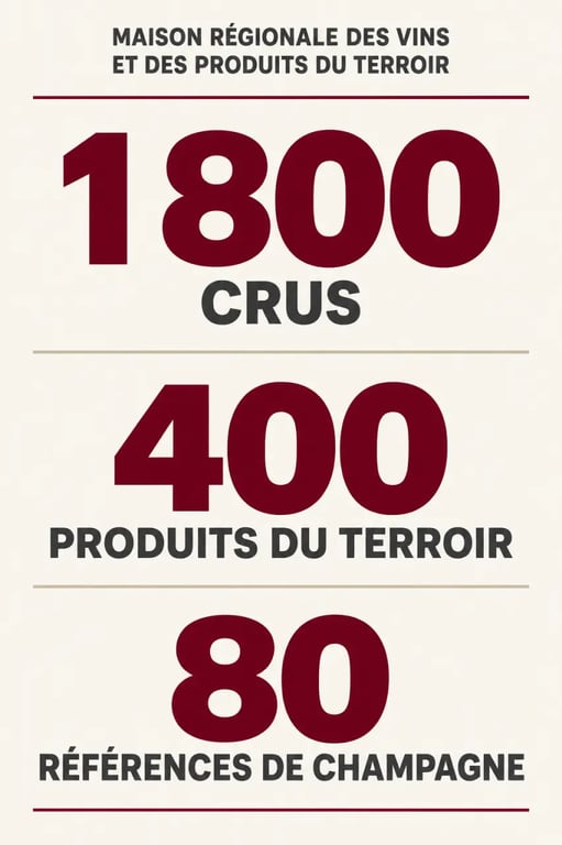 Infographie de l'offre de la maison régionale des vins et des produits du terroir : 1 800 crus, 400 produits et 80 champagnes