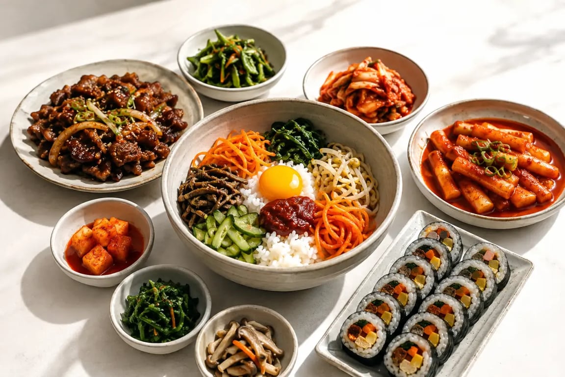 Cuisine coreenne recettes : table coréenne maison avec bibimbap, bulgogi, kimchi et banchan