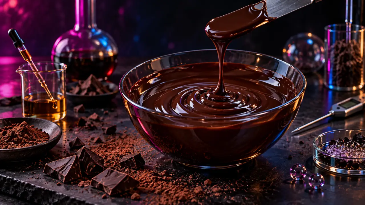 Ganache moléculaire brillante dressée sur un dessert gastronomique aux couleurs vibrantes