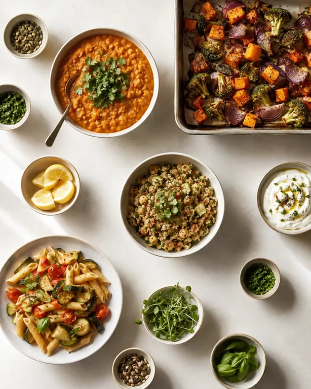 Idées repas végétarien : table de repas complets avec dahl, salade de quinoa, pâtes aux légumes et légumes rôtis