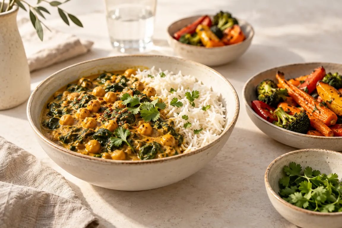 Idées repas sans viande avec curry de pois chiches, riz et légumes