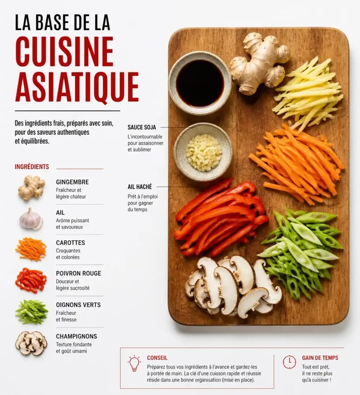 Mise en place pour préparer des plats asiatiques faciles.