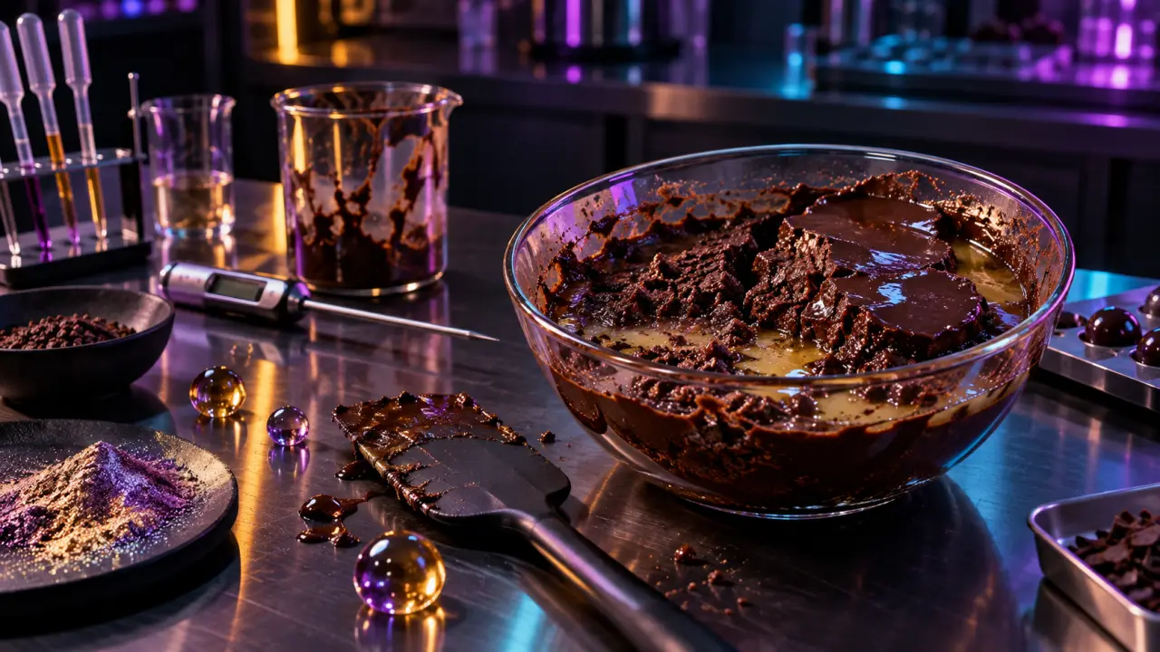 Ganache moléculaire brillante en cours d’expérimentation dans un laboratoire culinaire