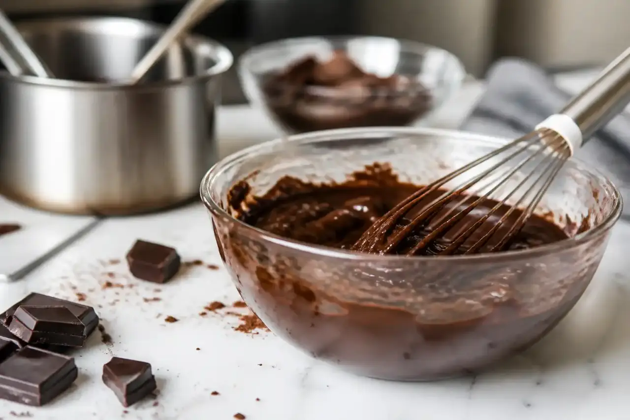 Ganache au chocolat brillante et texturée, éclairage dramatique néon