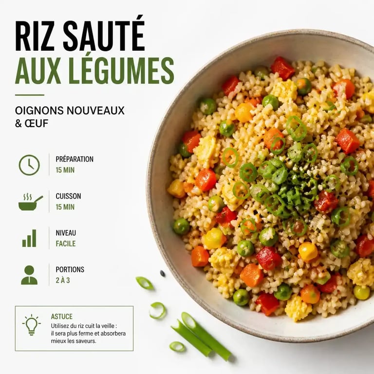 Plat de riz sauté aux légumes, exemple de plats asiatiques faciles.