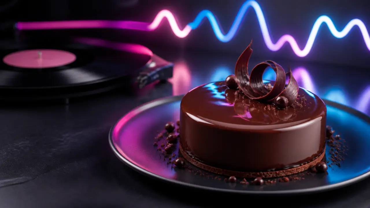 Ganache satinée sur dessert néon, photographie macro gastronomique