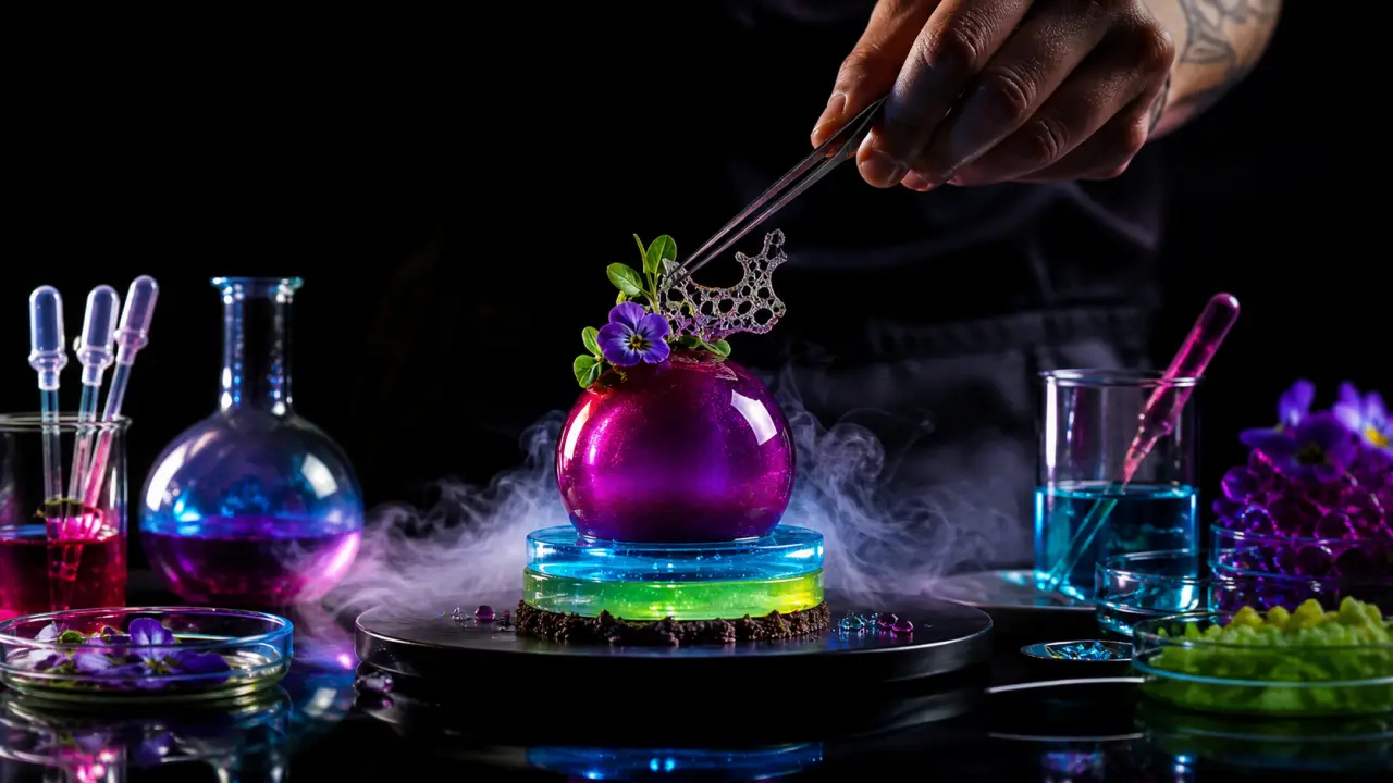 Dessert néon à effet psychédélique dans une ambiance sombre et dramatique