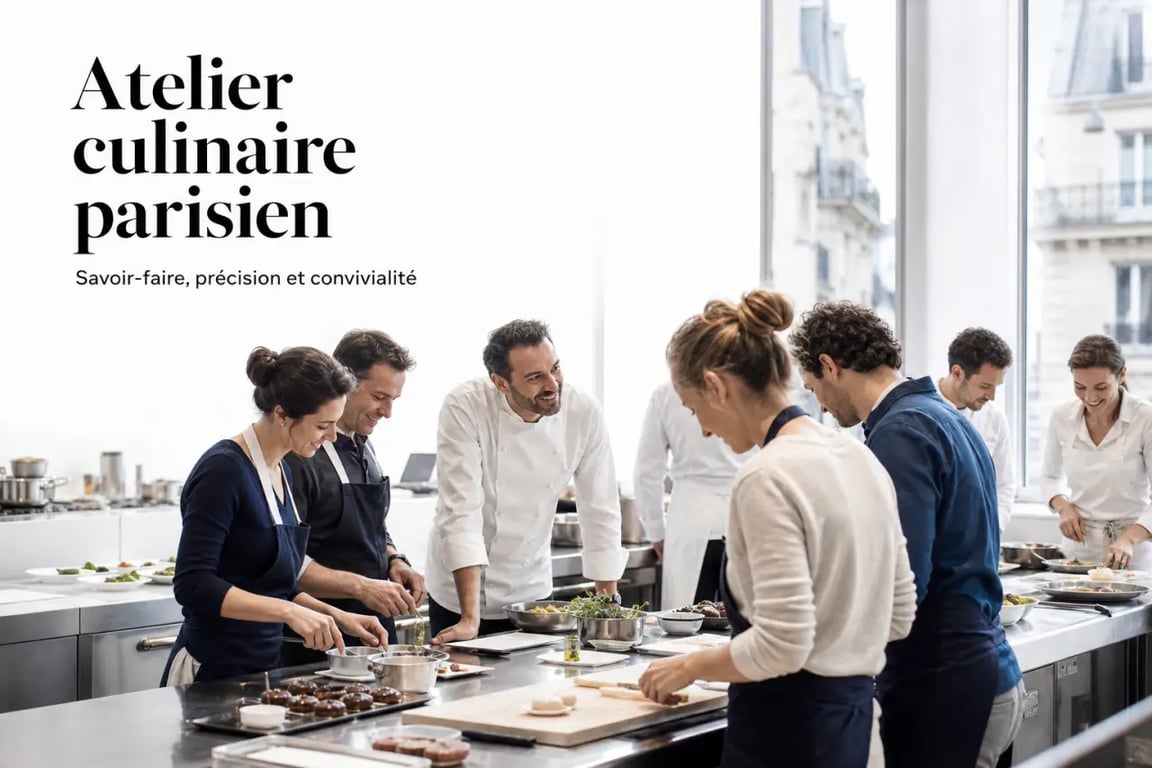 Cours de cuisine Paris Cyril Lignac dans l’Atelier Cuisine Attitude à Paris 3e, chefs guidant des participants dans une cuisine professionnelle lumineuse