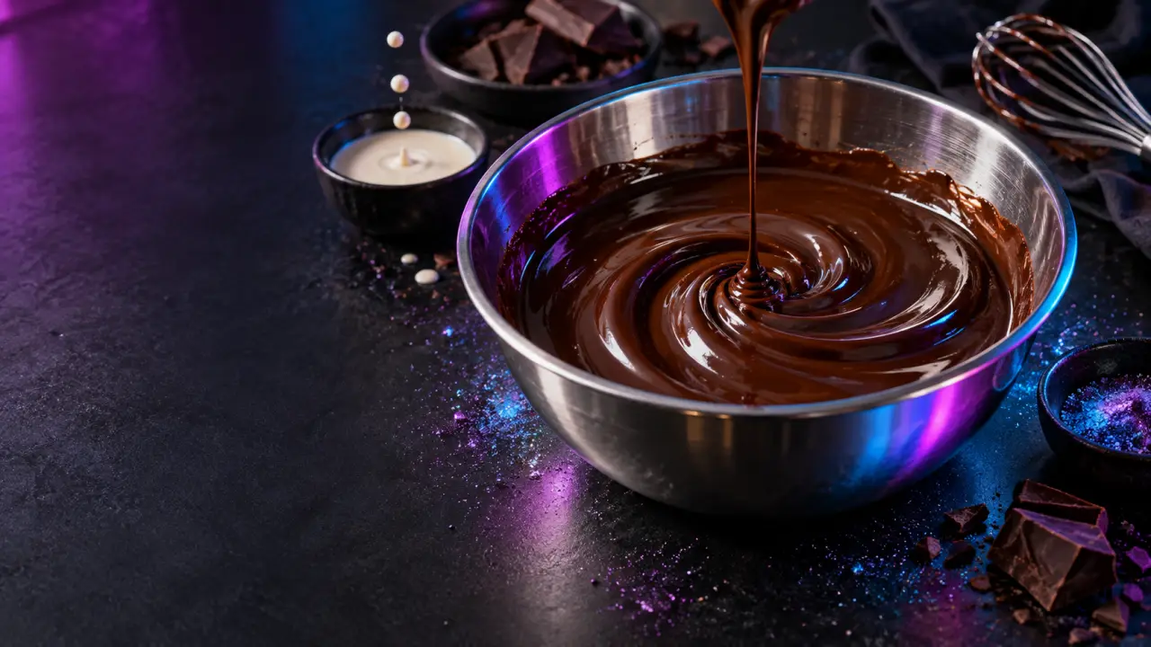 Ganache moléculaire brillante en cours d'émulsion dans un laboratoire culinaire