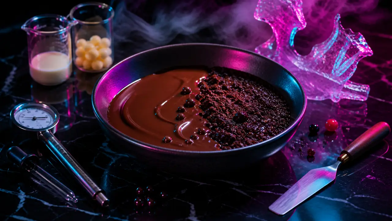 Ganache moléculaire aux reflets néon, texture lisse et dramatique